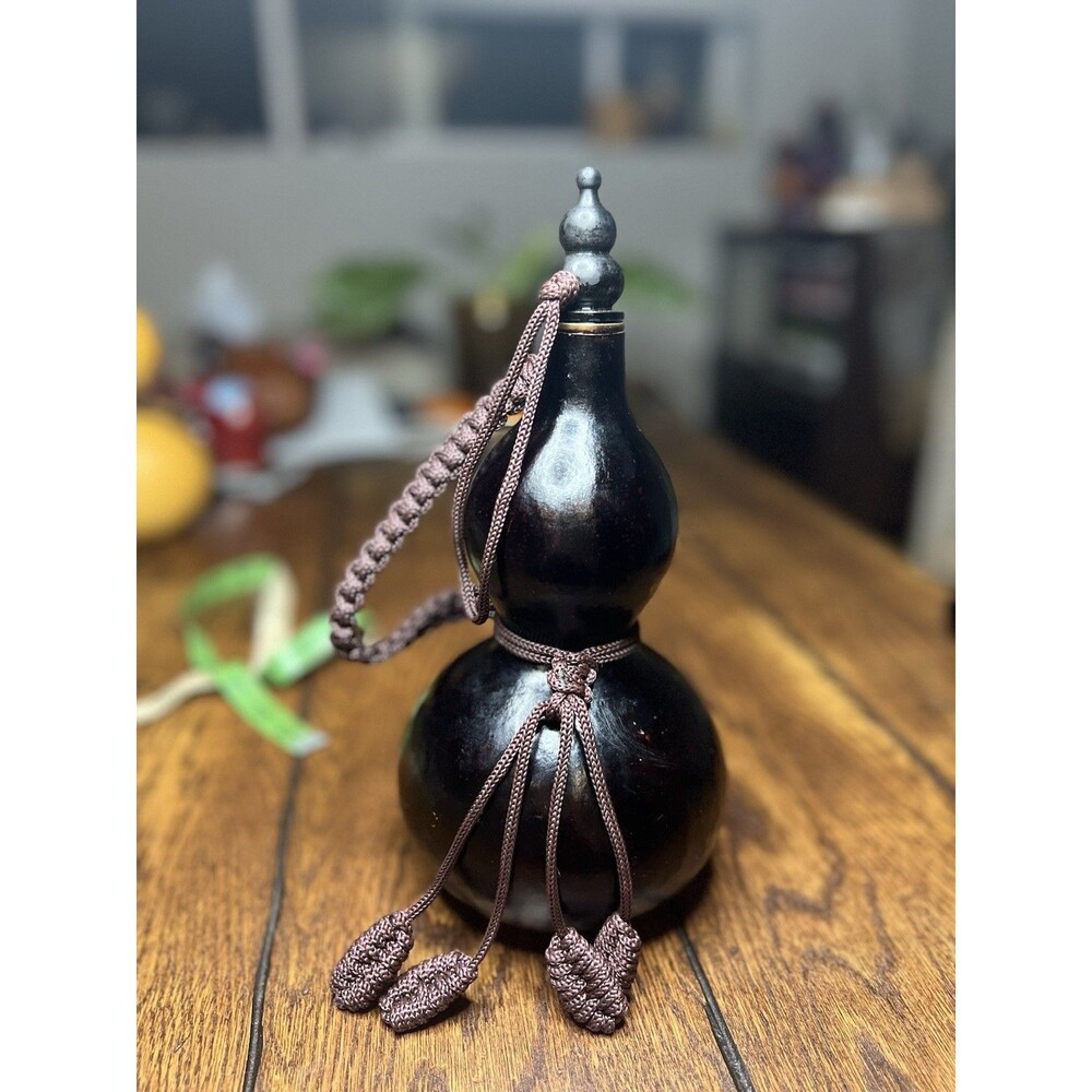 Antique Japanese Hyotan Gourd Flask with Cord & Tassel, Dark Finish, Calabash